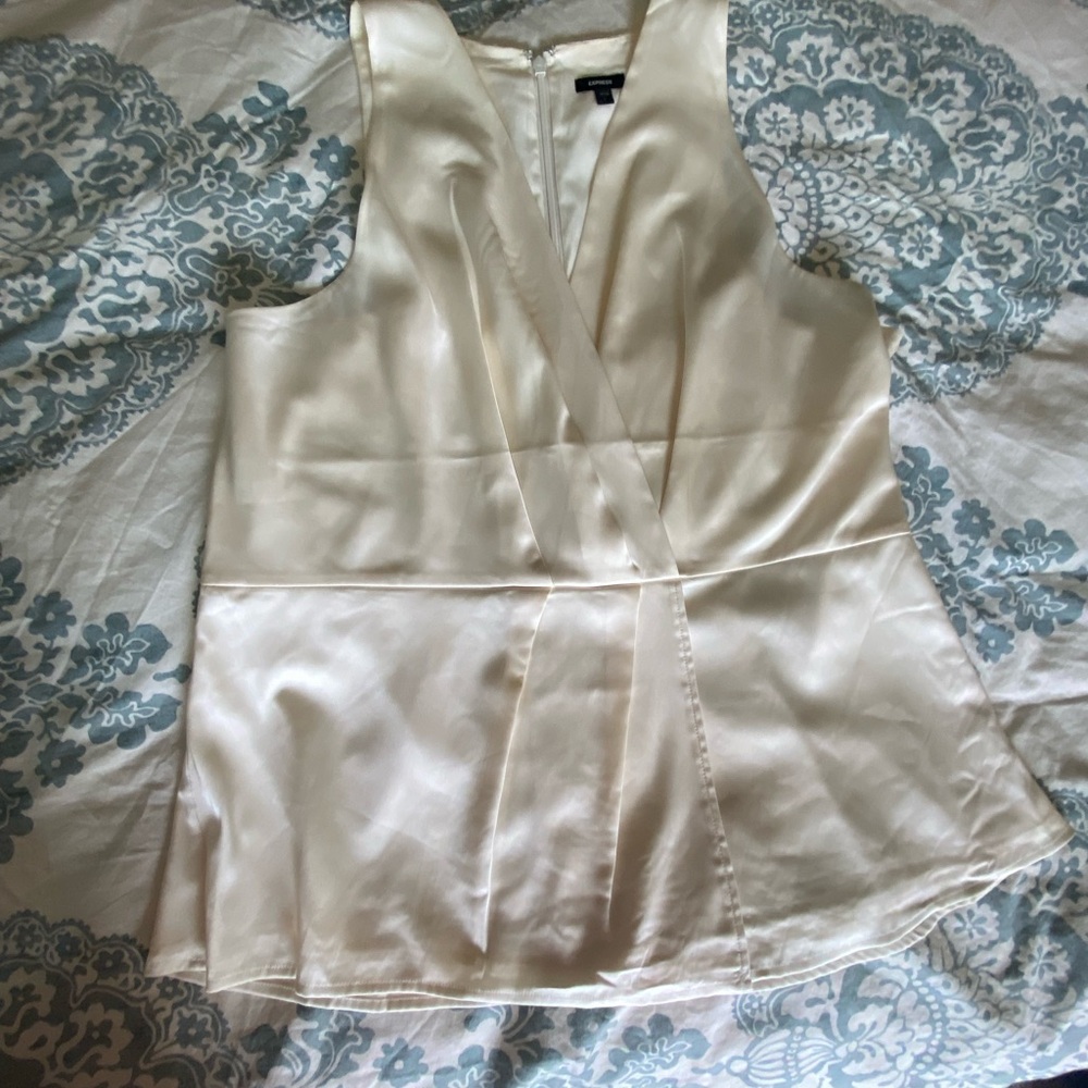 Ivory Satin Sleeveless Faux-Wrap Blouse - Picture 4 of 8